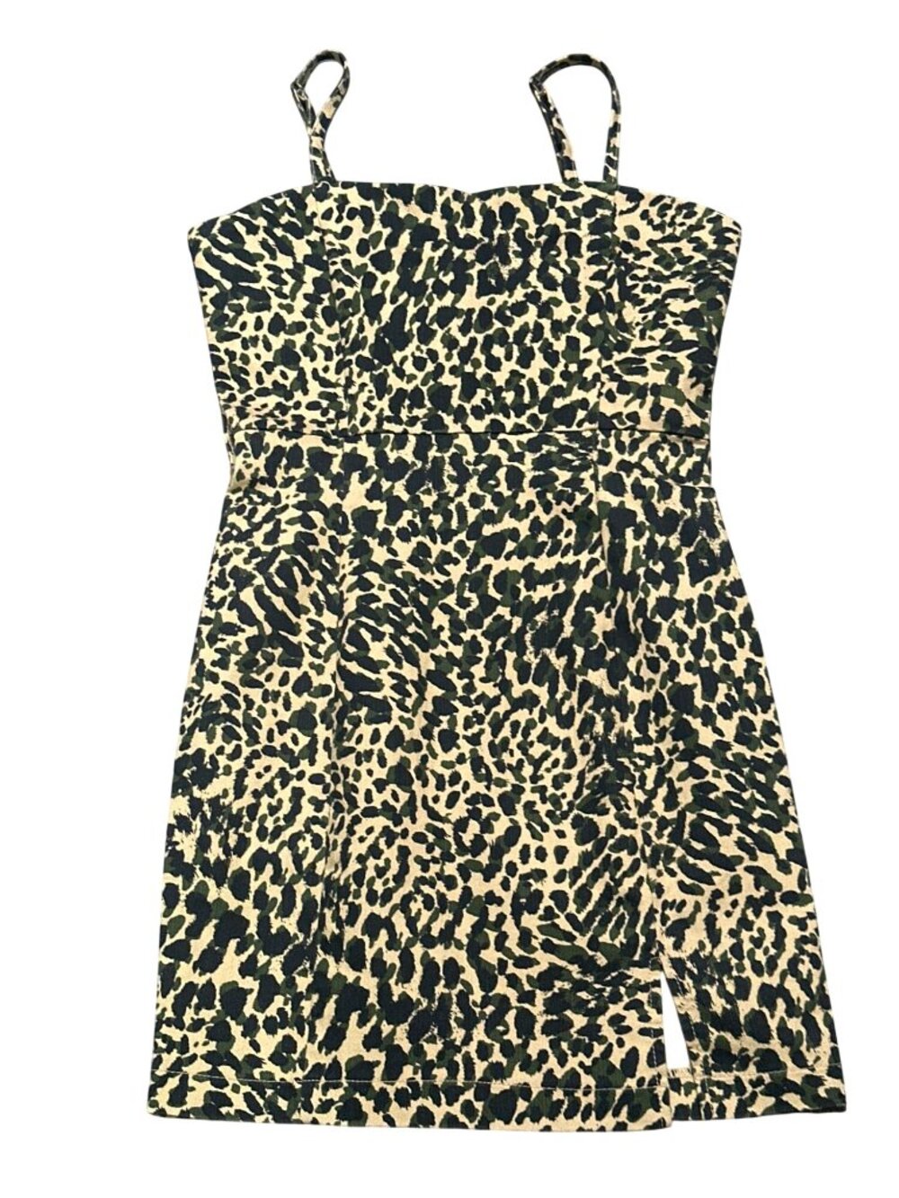 Forever 21 M Leopard Print Mini Dress Beige Black Spaghetti Strap Front Slit Zip - Picture 11 of 12